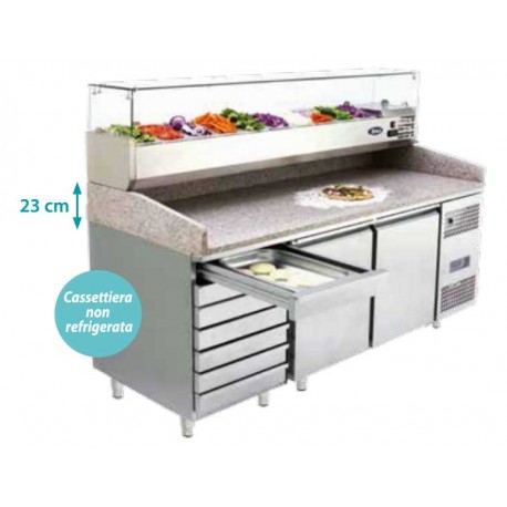 BANCO PIZZERIA REFRIGERATO PROF. 80 CM CON CASSETTIERA NEUTRA E VETRINA REFRIGERATA-CLASSE ENERGETICA A